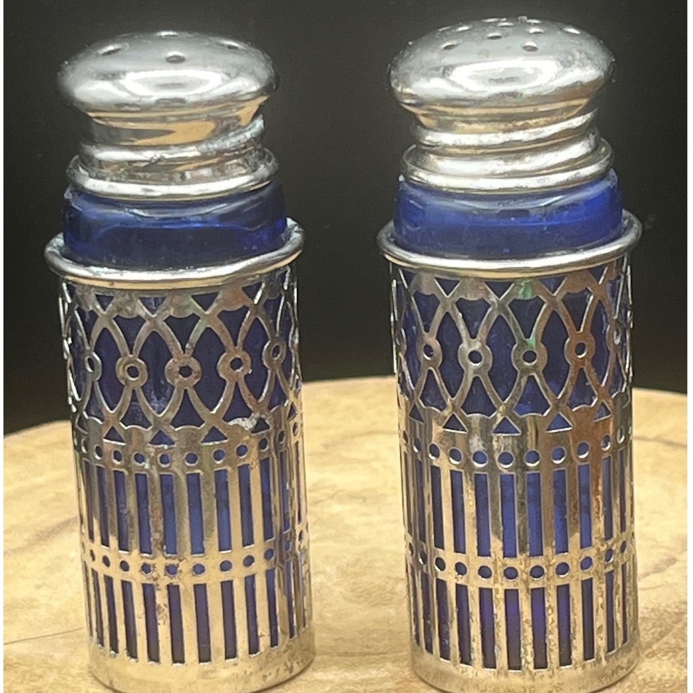 1970s Cobalt Glass Silver Plated Salt and Pepper Shakers  Japan